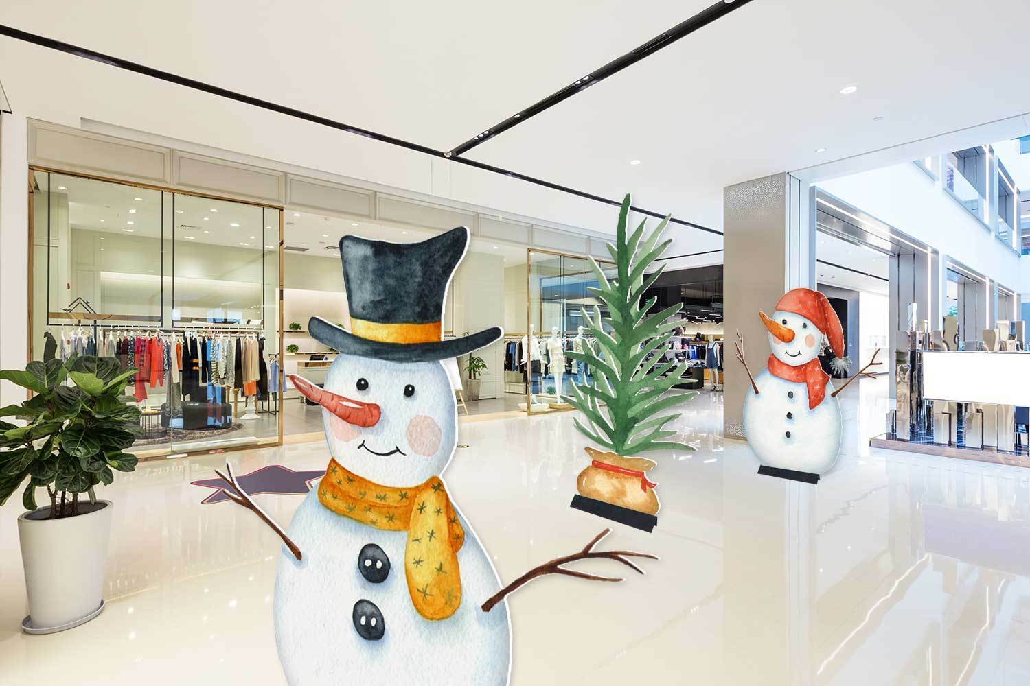 Snowmen cutout displays inside of a mall
