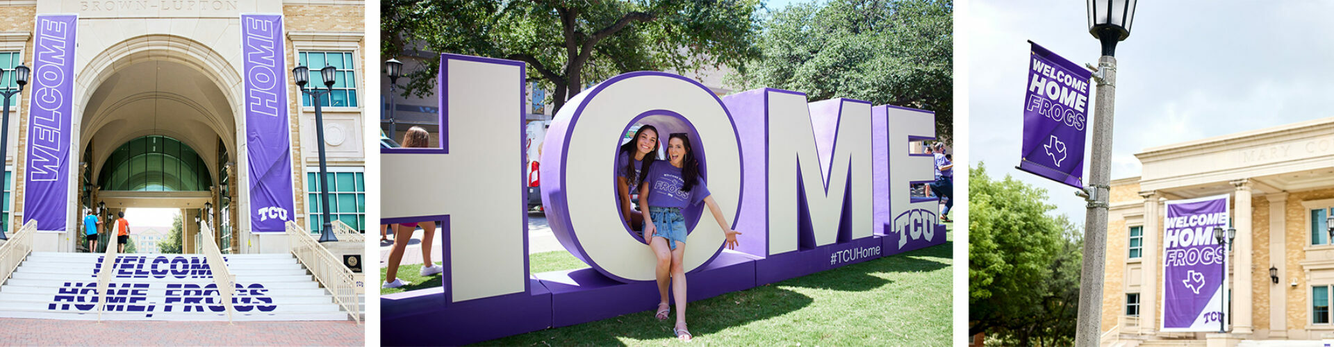 College welcome signs, foam photo props, and light pole banners