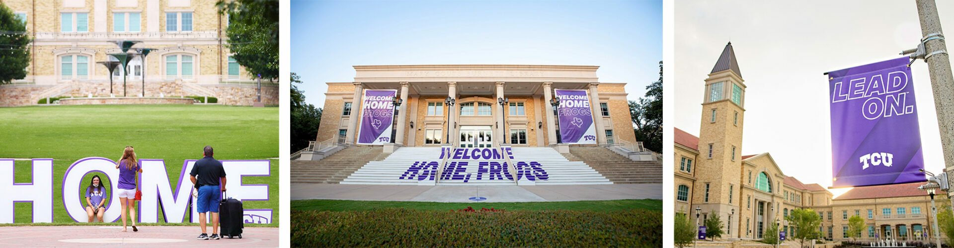 Large foam letters spelling HOME and large welcome banners