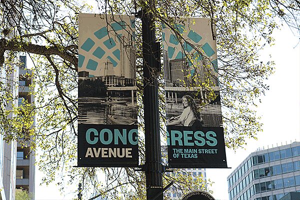 Light pole banners on a downtown street